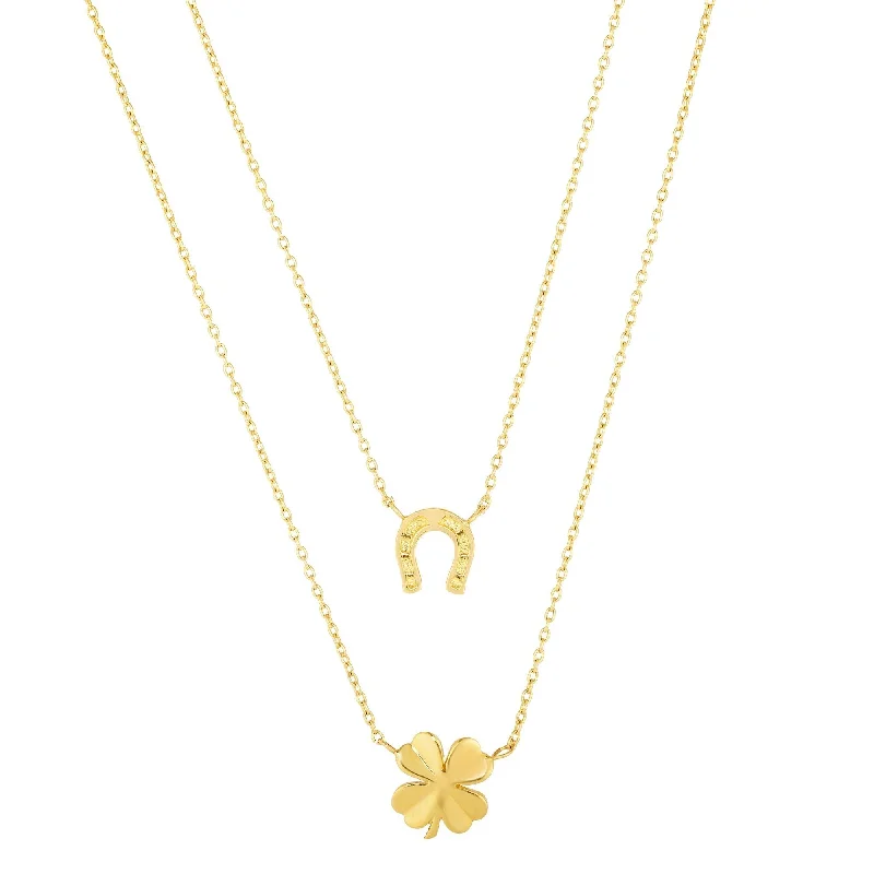 Women choker necklaces -Joelle Horse-Shoe & Clover Layered Necklace 14K Yellow Gold 17" Inches - Gifts for Her