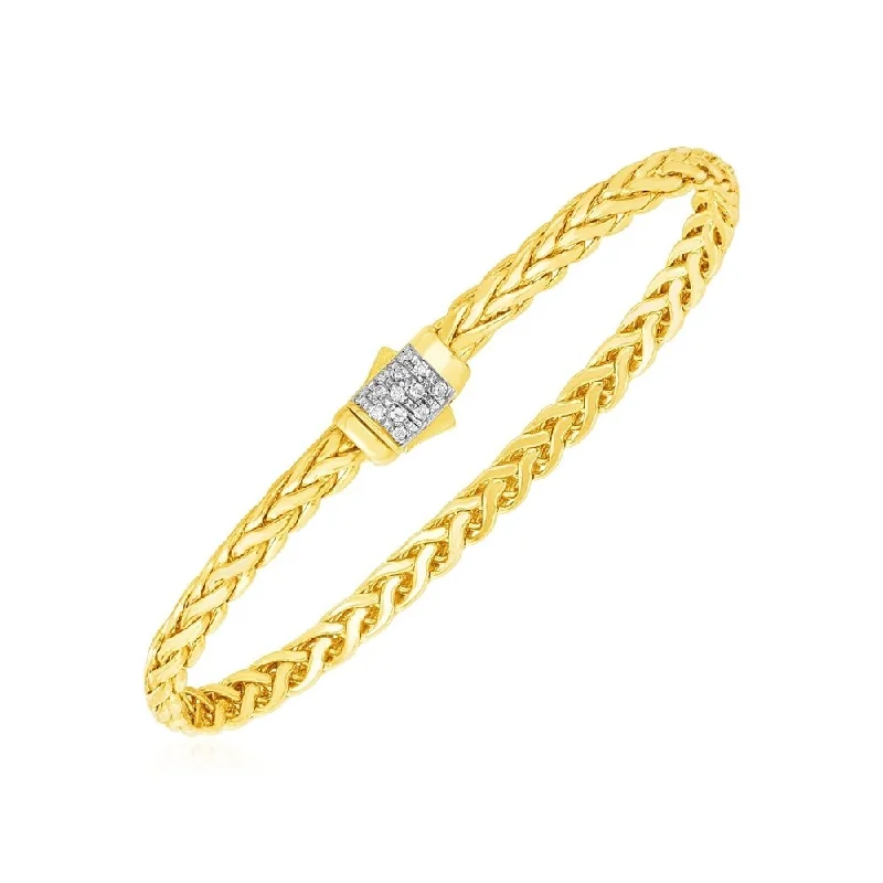 Women engraved bangles and bracelets -Woven Rope Bracelet with Diamond Accented Rounded Clasp in 14k Yellow Gold