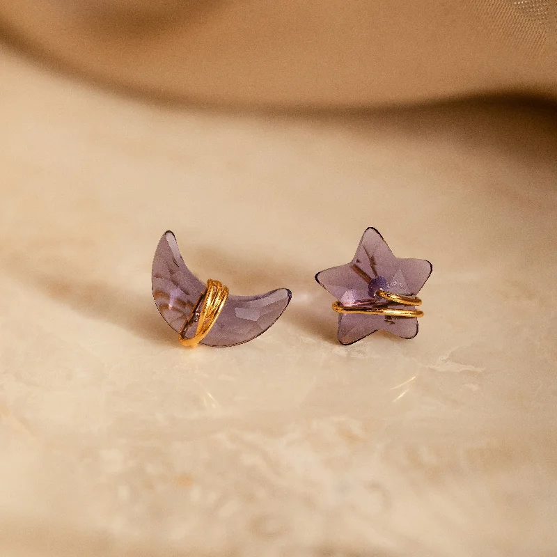 Women pearl hoop earrings -Amethyst Moon & Star Studs