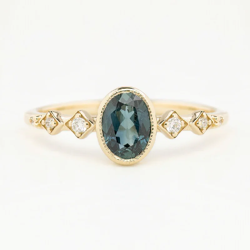 Women custom engraved engagement rings -Celeste Ring 0.89ct Unheated Deep Teal Blue Queensland Sapphire, 14K Yellow Gold (One of a kind)