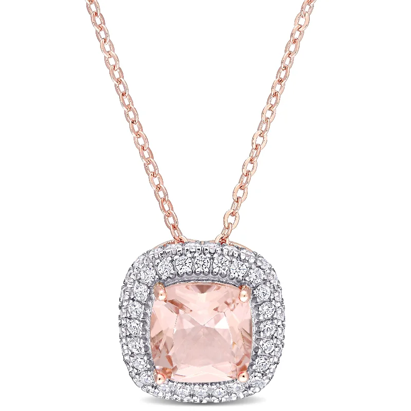 Women simple necklaces -Miadora Rose Plated Sterling Silver Cushion-cut Simulated Morganite and Cubic Zirconia Halo Necklace