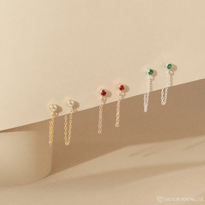 Women classic stud earrings -Birthstone Chain Studs