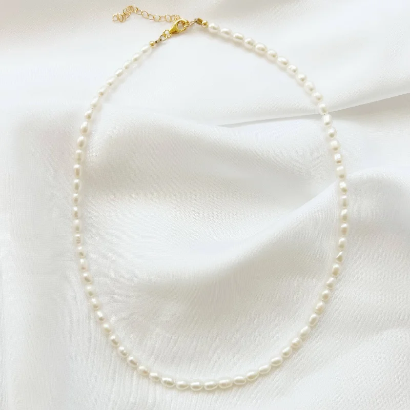 Women trendy crystal necklaces -Sea Isle Freshwater Rice Pearl Beaded Necklace Gold Filled