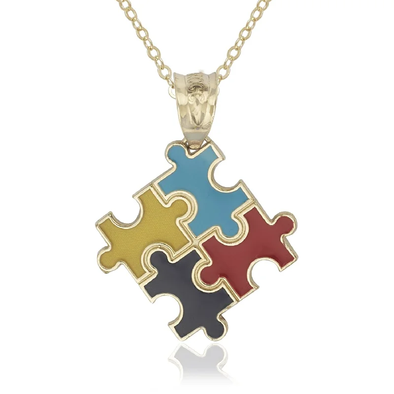 Women chunky necklaces -Curata 14k Yellow Gold 18" Enamel Autism Awareness Puzzle Pendant Necklace Necklace