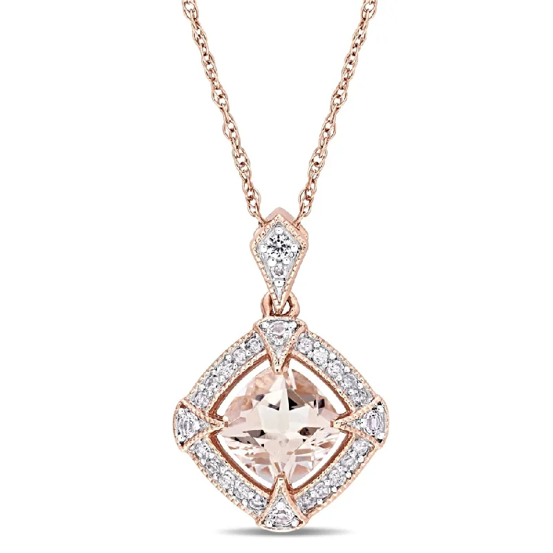 Women vintage necklaces -Miadora 10k Rose Gold Morganite Created White Sapphire 1/10ct TDW Diamond Halo Necklace