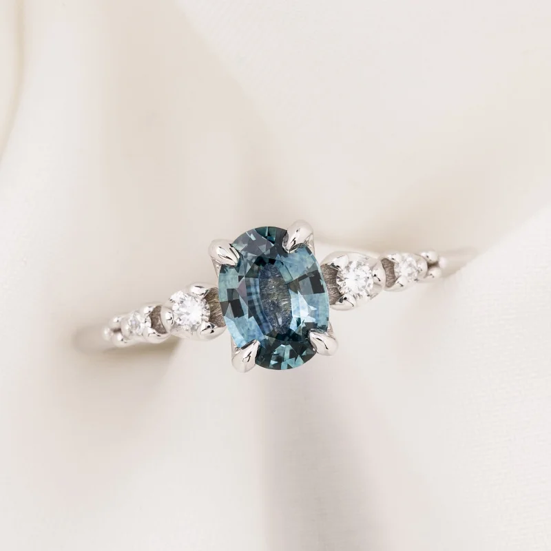 Women engraved engagement rings -Estel Fleur Four Prongs Ring, 0.81ct Teal Blue Montana Sapphire, 14k White Gold (One of a kind)