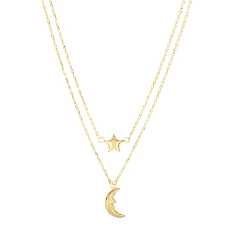 Women designer pendant necklaces -Joelle Moon & Star Layered Necklace 14K Yellow Gold 18" Gifts for Her