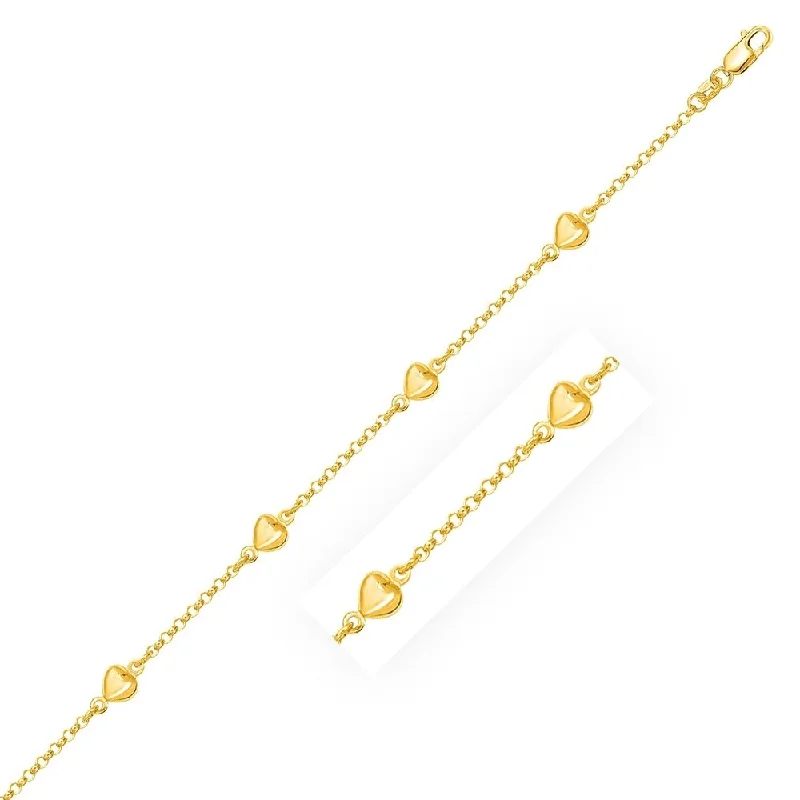 Women pearl and gold bangles and bracelets -14k Yellow Gold Rolo Chain Bracelet with Puffed Heart Stations