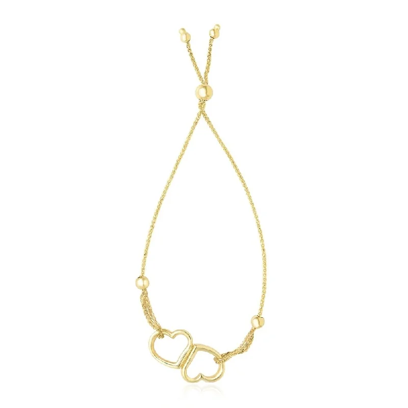 Women double-layered bangles and bracelets -14k Yellow Gold Conjoined Open Heart Adjustable Lariat Style Bracelet