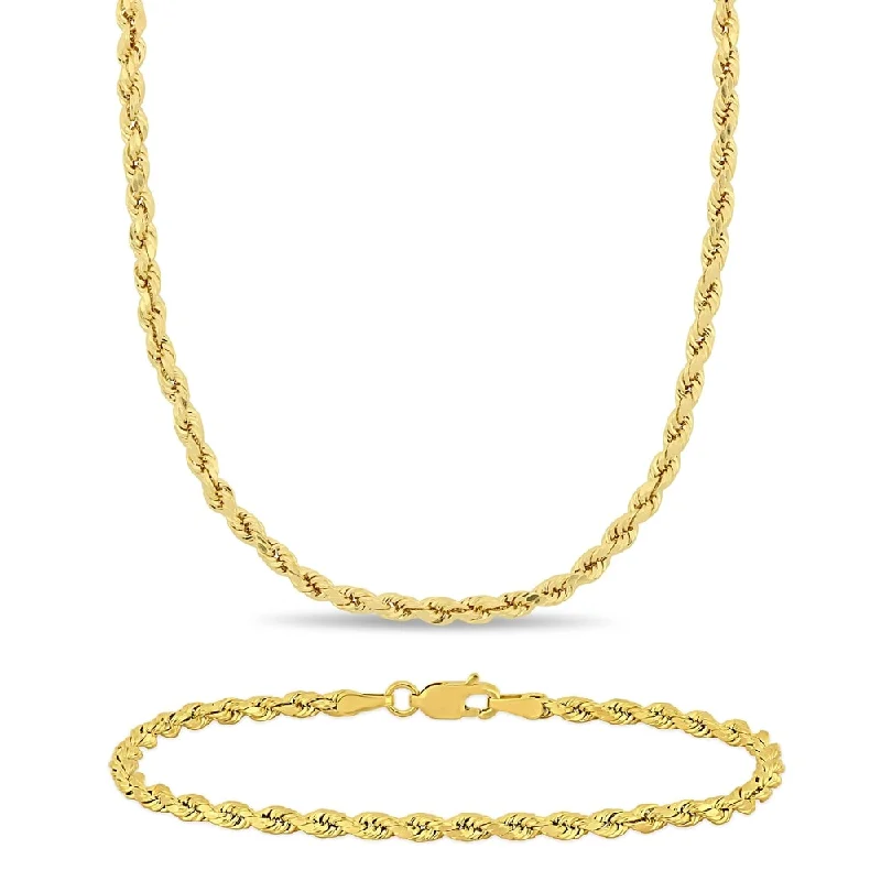 Women custom engraved necklaces -Miadora 10k Yellow Gold Rope Chain Necklace and Bracelet Set (3 MM)