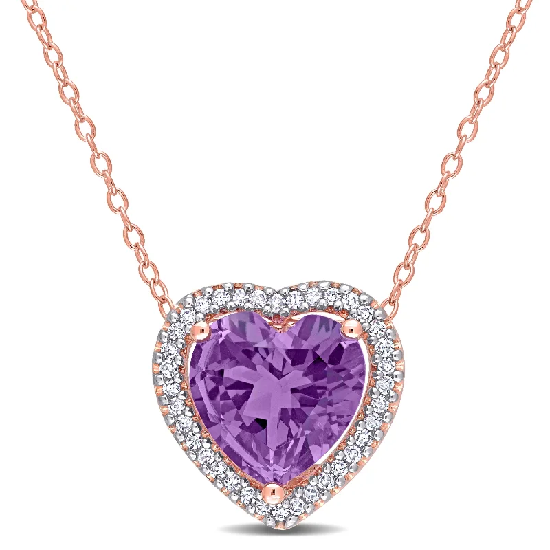 Women pearl and gold necklaces -Miadora Heart-cut Amethyst and 1/5ct TDW Diamond Halo Necklace in Rose Plated Sterling Silver