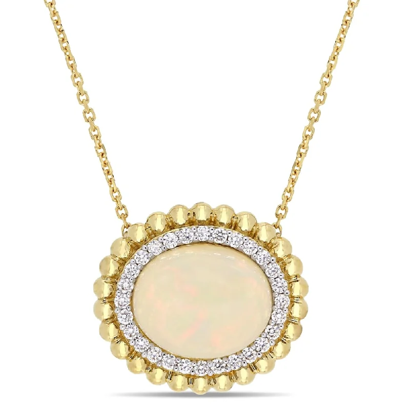 Women dainty necklaces -Miadora 14k Yellow Gold Blue-Hued Ethiopian Opal and 1/4ct TDW Diamond Beaded Halo Necklace