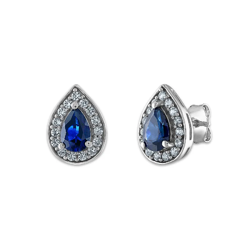 Women custom-made earrings -6X4MM Pear Ceylon Sapphire and White Sapphire Halo Stud Earrings in Rhodium Plated Sterling Silver