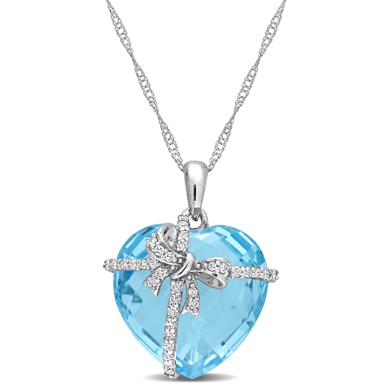 Women crystal-encrusted necklaces -Miadora 14 1/2ct TGW Heart-cut Blue Topaz and 1/8ct TDW Diamond Bow Necklace in 10k White Gold