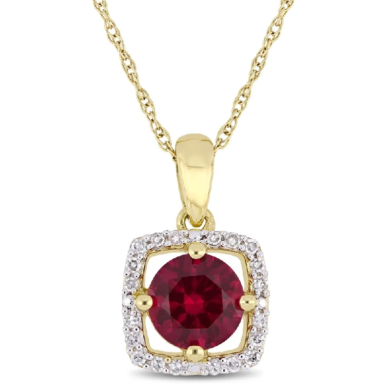 Women initial necklaces -Miadora 10k Yellow Gold Created Ruby 1/10ct TDW Diamond Floating Square Halo Necklace