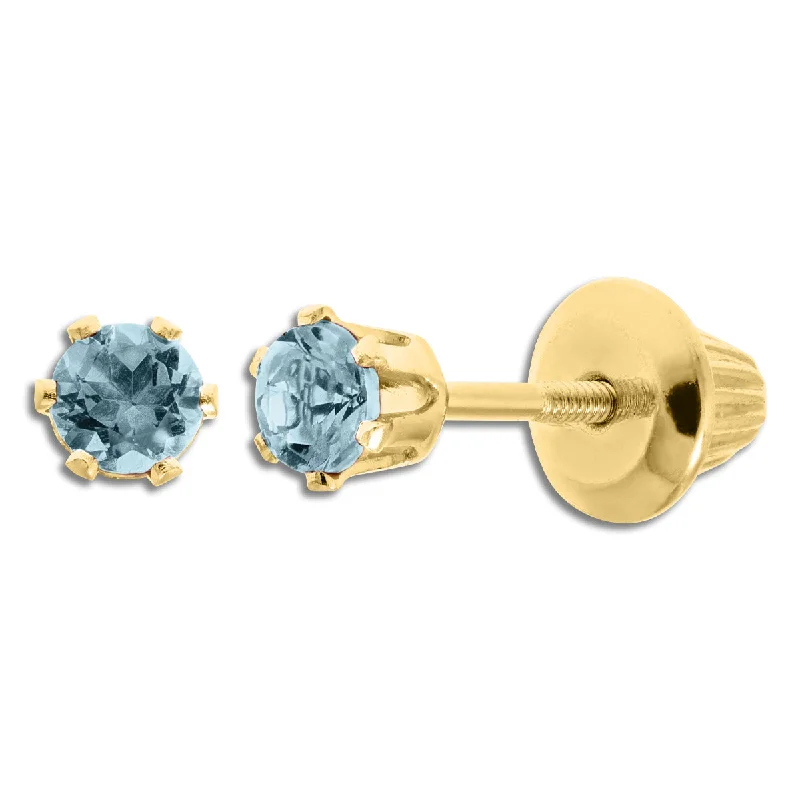 Women personalized earrings -Kiddie Kraft 14KT Yellow Gold Round Aquamarine Childrens Birthstone Stud Earrings