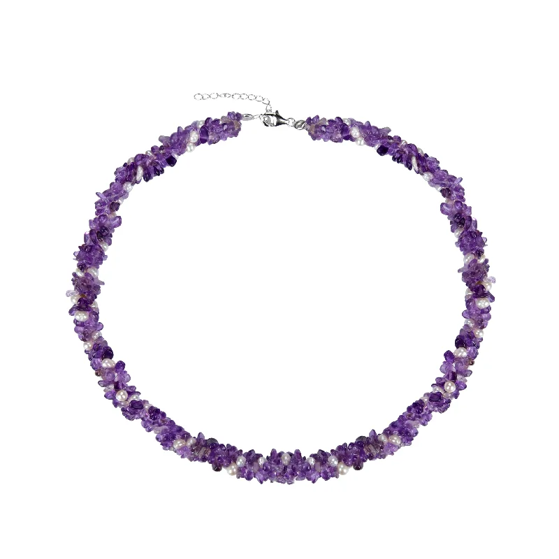 Women luxurious gemstone necklaces -Sterling Silver with Natural Amethyst and Pearl Strand Necklace