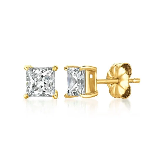 Women gold stud earrings -Crislu 18KT Yellow Gold Plated Sterling Silver Princess Cut Cubic Zirconia Stud Earrings