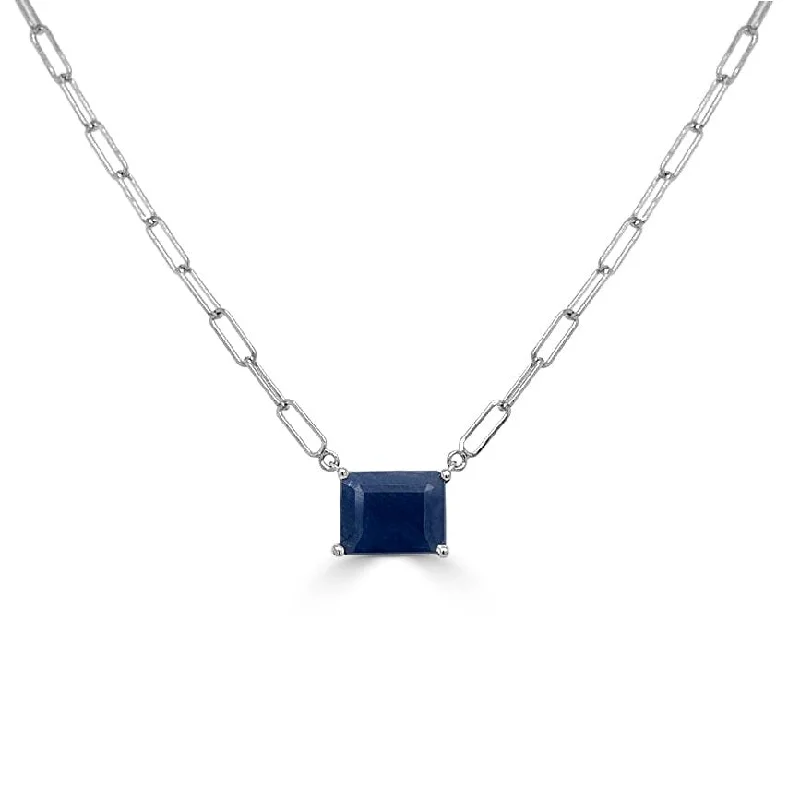 Women matching charm necklaces -Joelle Sapphire Emerald Cut Necklace 14K White Gold Paperclip Chain 16-inch