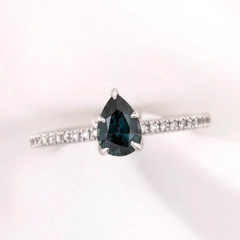 Women crystal engagement rings -Maria Ring 0.81ct Blue Green Madagascar Sapphire, 14k White Gold (One of a kind)