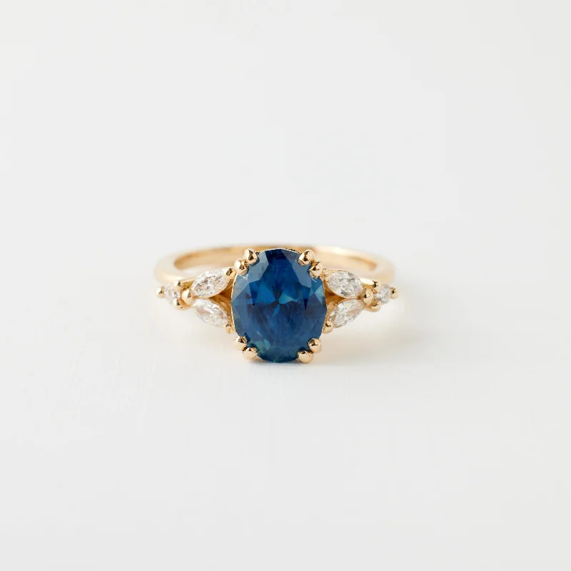 Women beaded engagement rings -Goldie Ring - 2.30 Carat Blue Oval Sapphire