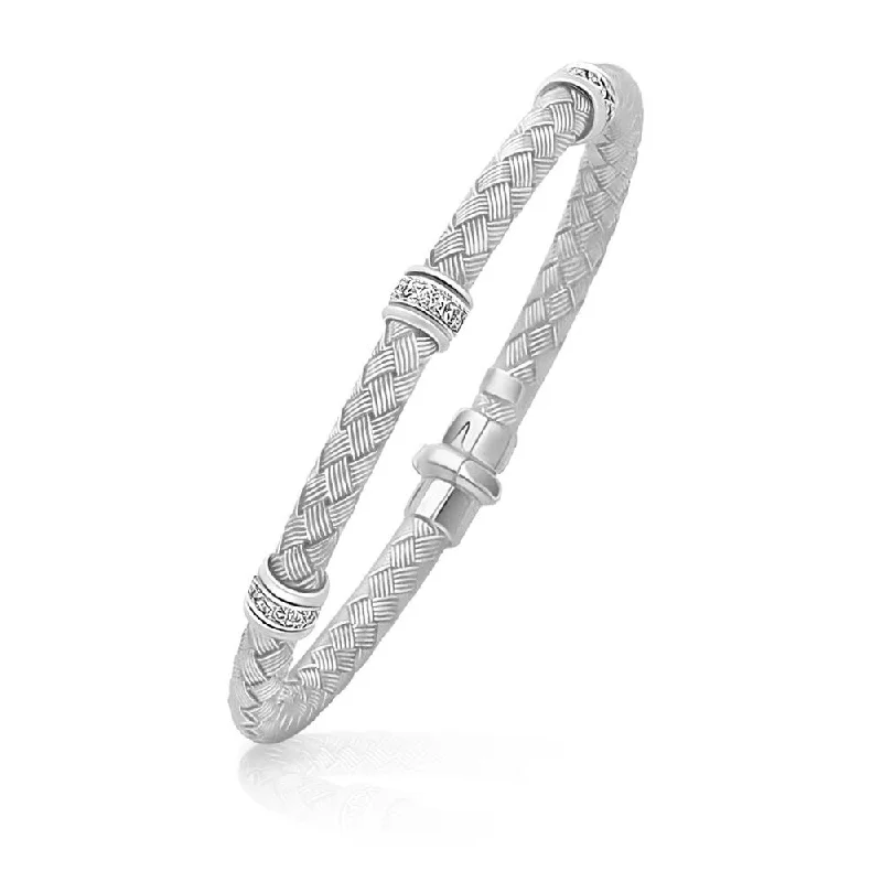 Women beaded bangles and bracelets -14k White Gold Rondelle Diamond Station Basket Weave Bracelet