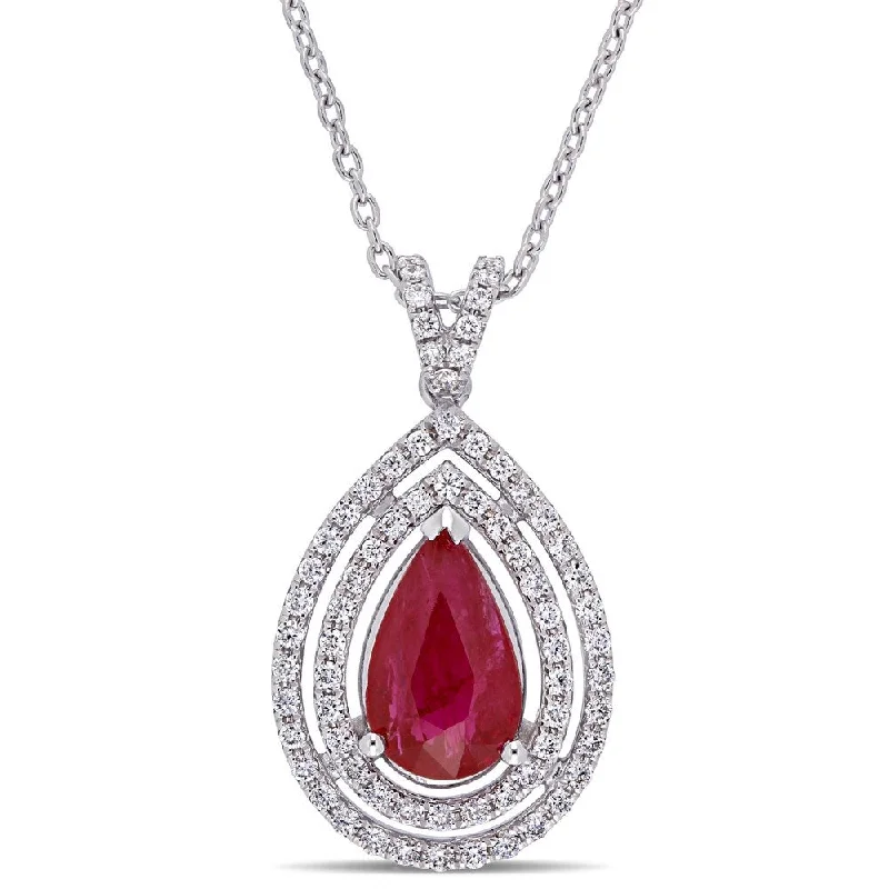 Gold necklaces for women -Miadora 18k White Gold Ruby & 1/3ct TDW Diamond Floating Double Halo Teardrop Necklace