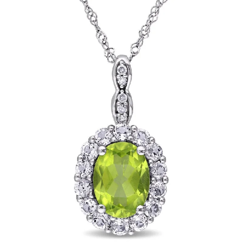 Women trendy necklaces -Miadora 14k White Gold Oval-cut Peridot, White Topaz and Diamond Accent Halo Drop Necklace - Green