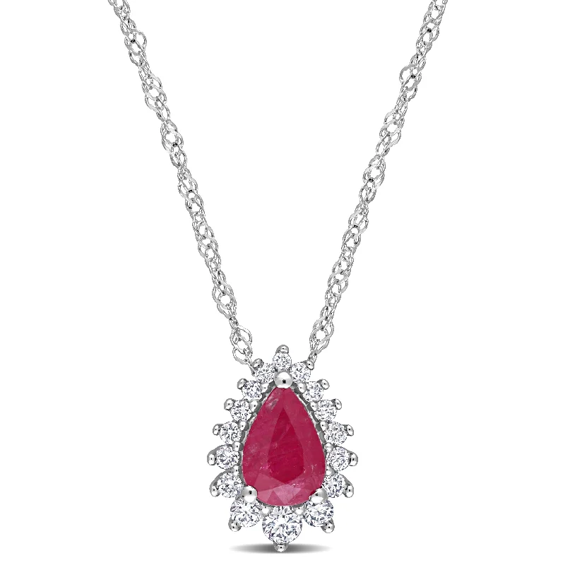 Women pendant necklaces -Miadora Pear-cut Ruby and 1/8ct TDW Diamond Graduated Halo Teardrop Necklace in 14k White Gold