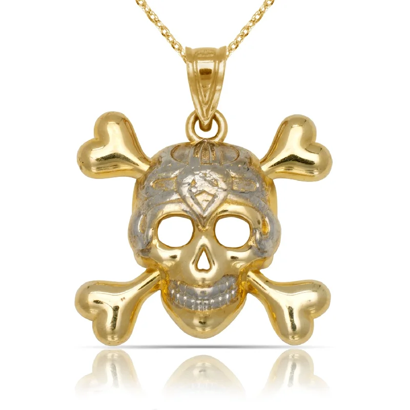 Women statement necklaces -Curata 14K Yellow Gold with Rhodium 18" Skull and Crossbones Pendant Necklace Necklace