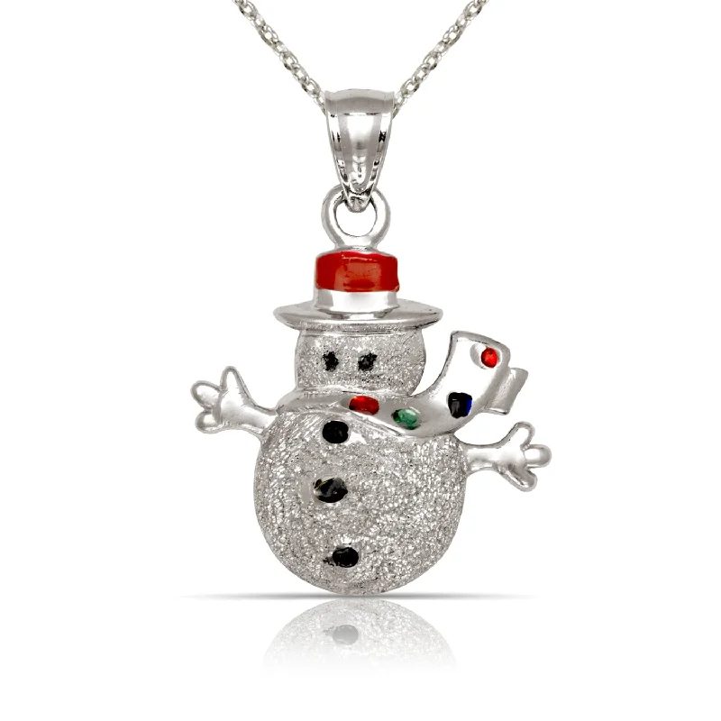 Affordable necklaces for women -Curata 14K White Gold 18" Enamel Laser-cut Christmas Snowman Pendant Necklace Necklace