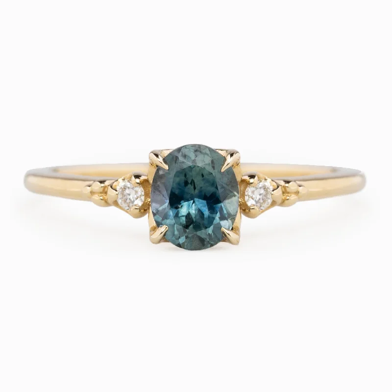 Women crystal engagement rings -Estel Ring 6x5mm 0.95ct Blue Green Oval Montana Sapphire, 14k Yellow Gold