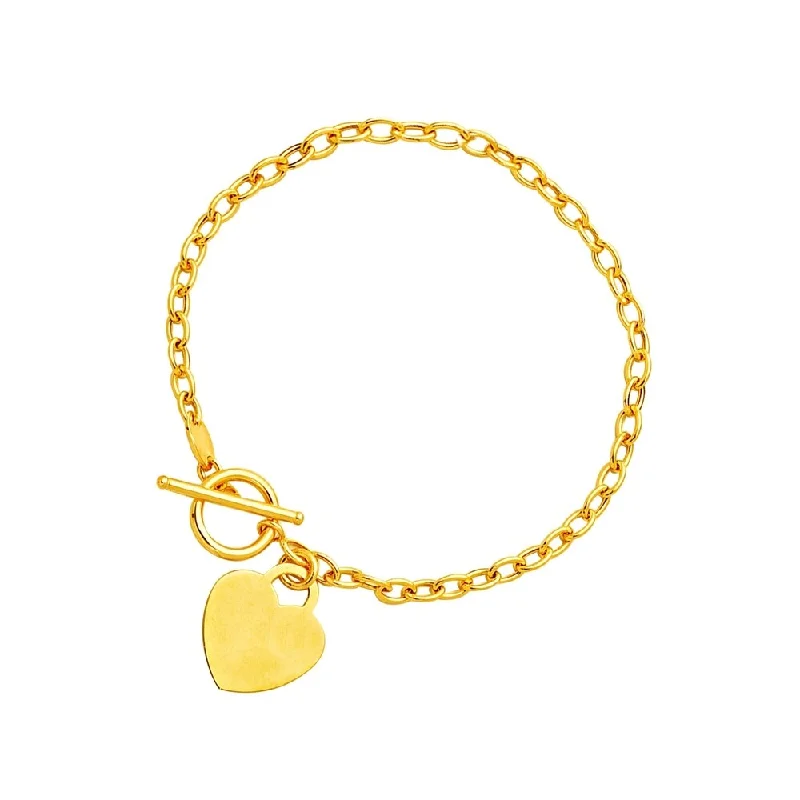 Women elegant cuff bangles and bracelets -Toggle Bracelet with Heart Charm in 14k Yellow Gold