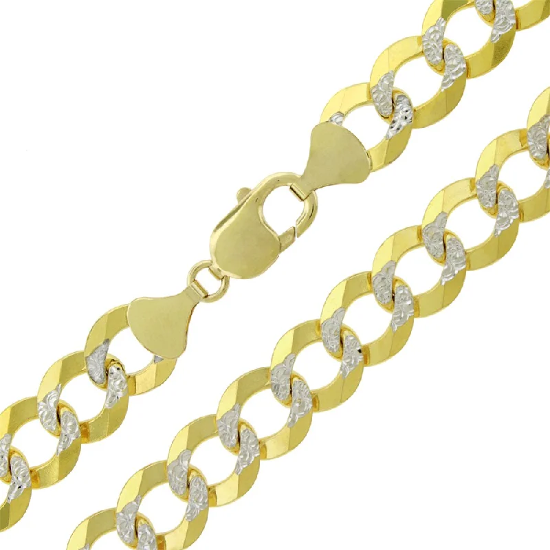 Gold necklaces for women -Authentic 14k Yellow Gold 12.5mm Solid Cuban Curb Link Diamond-Cut Two-Tone Pave Necklace Chain 26" - 30", In Style Designz