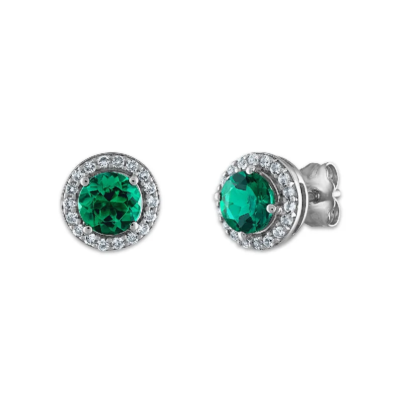 Women bohemian earrings -5MM Round Emerald and White Sapphire Halo Stud Earrings in Rhodium Plated Sterling Silver