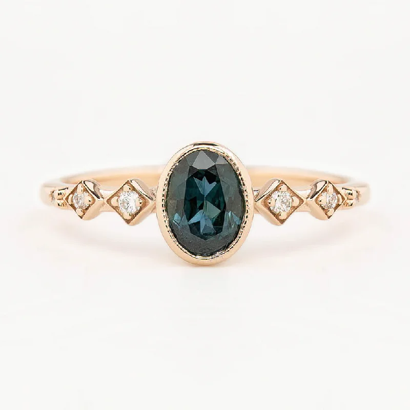 Women delicate engagement rings -Celeste Ring 0.76ct Deep Teal Blue Queensland Sapphire, 14K Rose Gold (One of a kind)