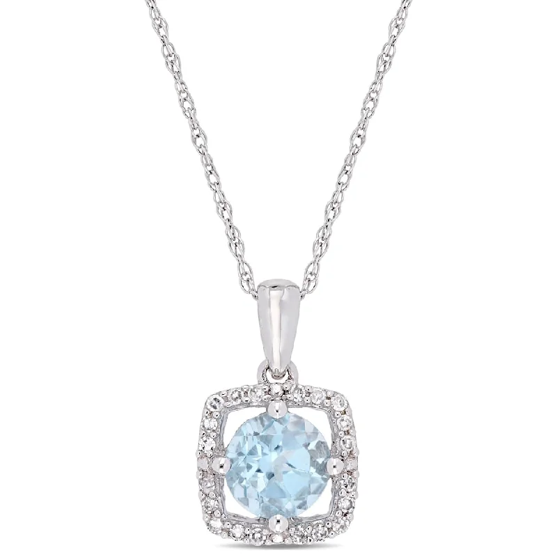 Women handcrafted necklaces -Miadora 10k White Gold Sky-Blue Topaz and 1/10ct TDW Diamond Floating Square Halo Dangle Necklace