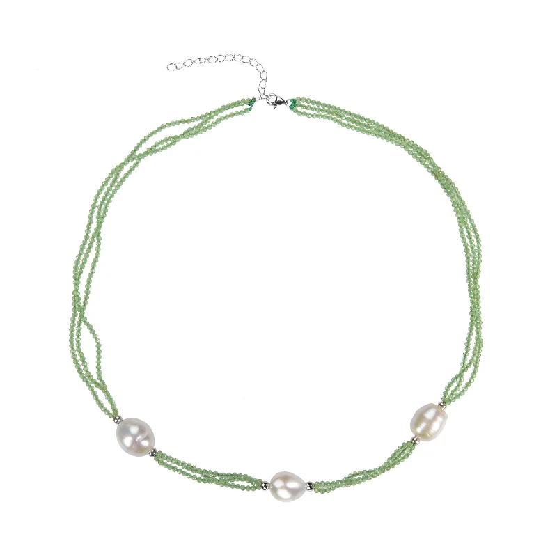 Women luxurious gemstone necklaces -Sterling Silver with Natural Peridot and Pearl Strand Necklace