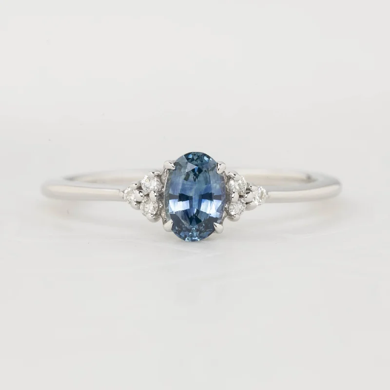 Women stackable gold engagement rings -Teresa Ring - 6x4mm 0.60ct Teal Blue Montana Sapphire, 14k White Gold