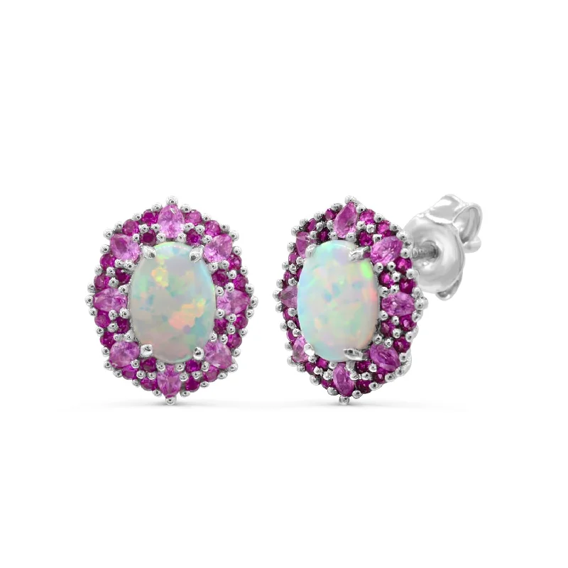 Women chunky earrings -Red Hot Deal  7X5MM Oval Opal and Sapphire Halo Earrings in Sterling Silver