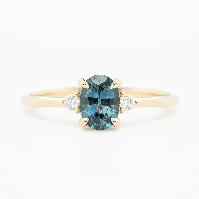 Women leather engagement rings -Emilie Ring 0.84ct Blue Green Montana Sapphire, 14K Yellow Gold (One of a kind)