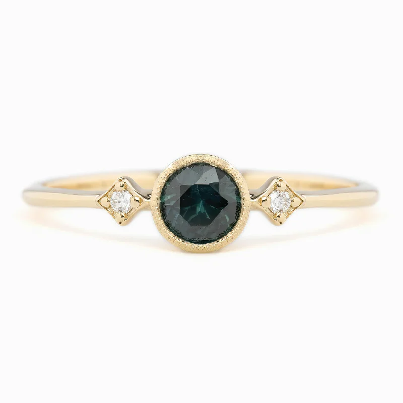 Women chunky engagement rings -Moon & Star Ring 4.5mm 0.45ct Deep teal blue Queensland Sapphire 14K Yellow Gold