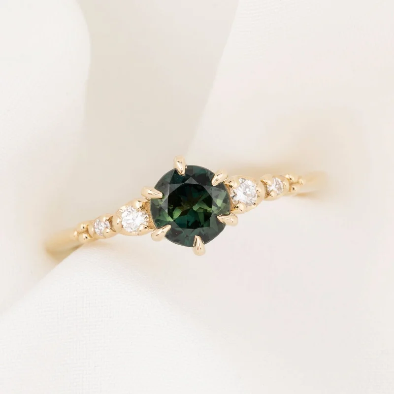 Women custom engraved engagement rings -Estel Fleur Six Prongs Ring 0.76ct Green Australia Sapphire, 14k Yellow Gold (One of a kind)