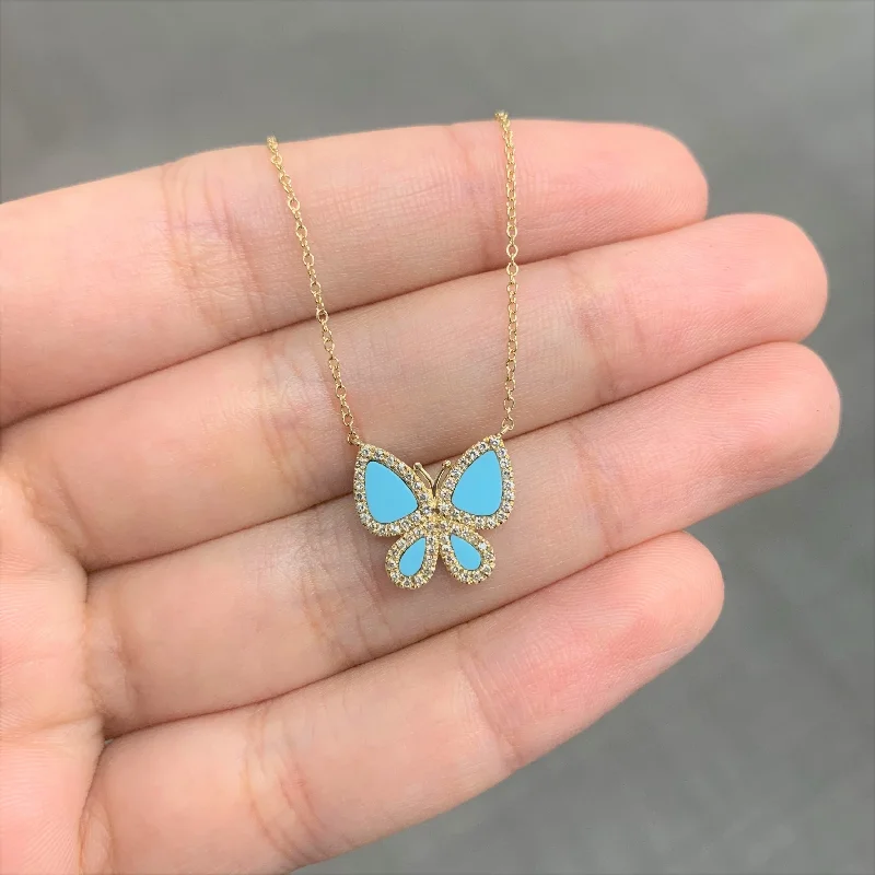 Women layered pendant necklaces -Joelle Butterfly Necklace Turquoise & Diamond 14K Yellow Gold