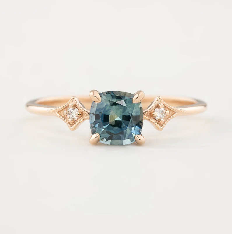 Women double bangle engagement rings -Charlene Ring 0.92ct Blue Green Cushion Cut Montana Sapphire, 14k Rose Gold (One of a kind)