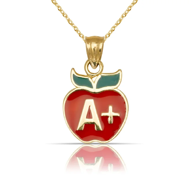 Women vintage-inspired necklaces -Curata 14K Yellow Gold 18" Red/Green Enamel A+ Apple Teacher Pendant Necklace Necklace - Red