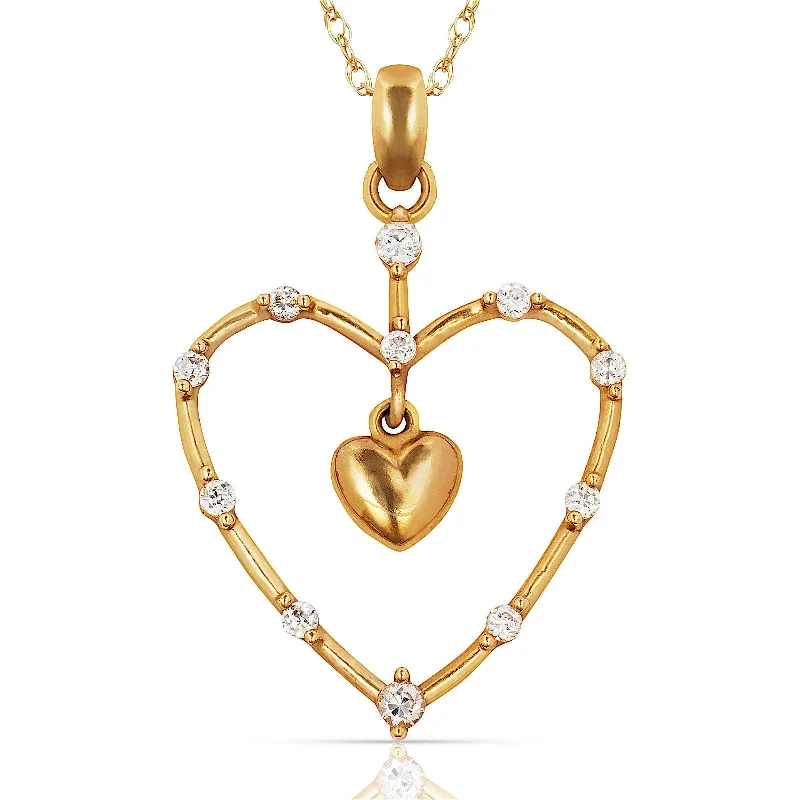 Women adjustable necklaces -Curata 14K Gold 18"Cubic Zirconia Floating Double Heart Necklace