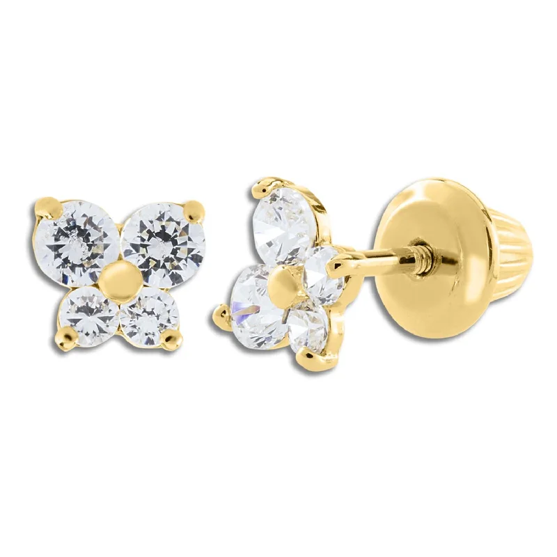 Women dangling pearl earrings -Kiddie Kraft 14KT Yellow Gold Cubic Zirconia Childrens Butterfly Stud Earrings