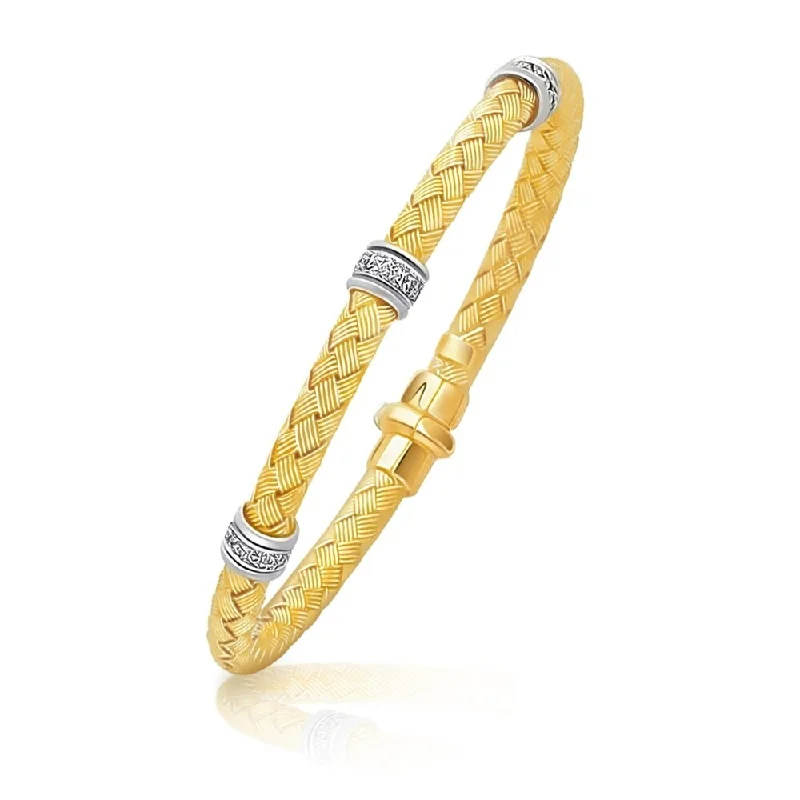 Women chic cuff bangles and bracelets -14k Two-Tone Gold Rondelle Diamond Station Basket Weave Bracelet