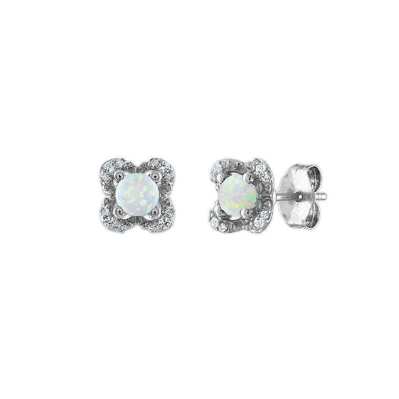 Women gold-plated earrings -4MM Round Opal and White Sapphire Birthstone Flower Halo Earrings in Sterling Silver